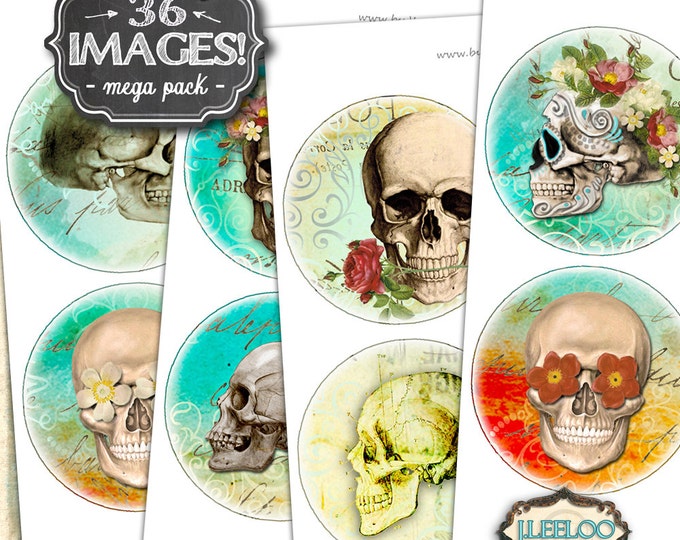 Digital collage THE SKULL 4 inch digital printable apocalypse walking dead coaster jewelry holder hang tags instant download tn478
