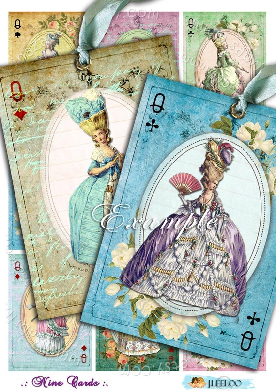 NINE CARDS atc aceo size shabby chic collage sheet greeting card invitation printable french Antoinette jewelry holder paper goods ac182