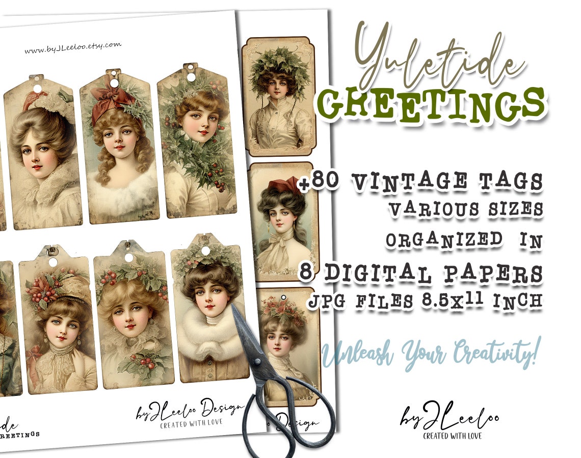 Yuletide Tag YULETIDE GREETINGS Labels Printable Christmas Supplies | Tags Vintage ...