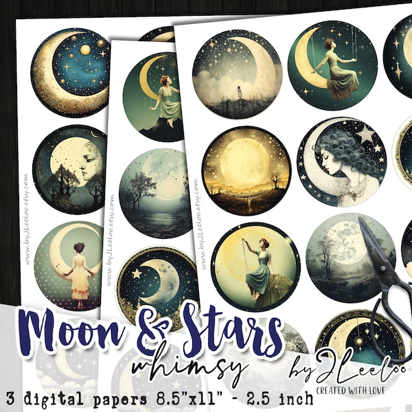 MOON and STARS 2.5 inch circle printable bottle caps stickers for pendants pin badge magnets coaster graphic digital collage sheet | tn658