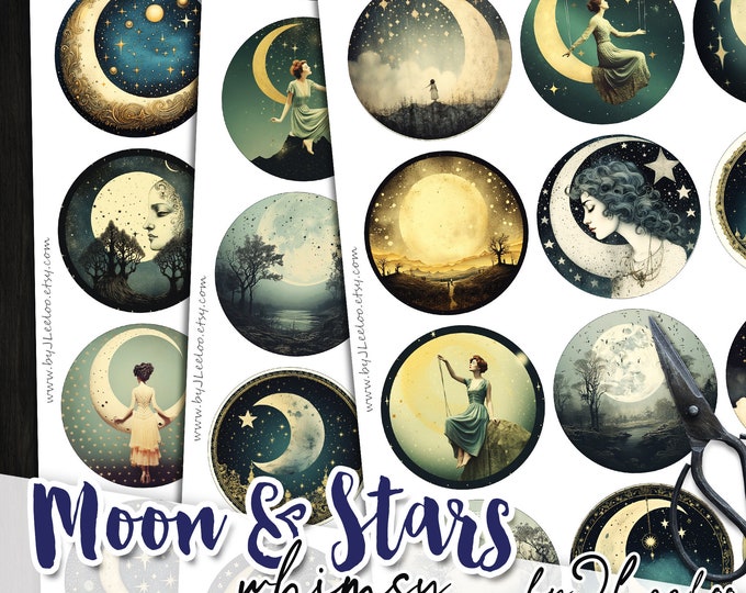 MOON and STARS 2.5 inch circle printable bottle caps stickers for pendants pin badge magnets coaster graphic digital collage sheet | tn658
