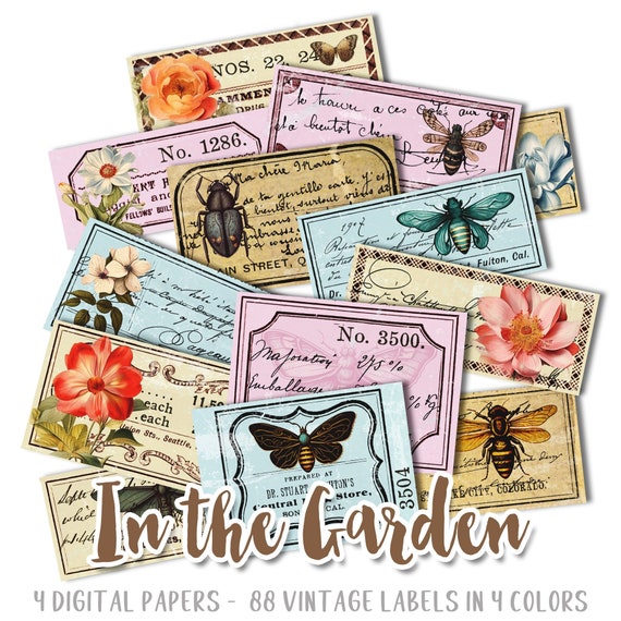 IN THE GARDEN entomology labels kit | vintage ephemera butterfly insect | junk journal supplies | botanical apothecary card making | pp604