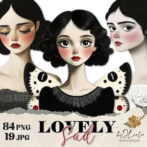 PRECIOSO TRISTE clipart 84 PNG lindo ingenuo / Muñeca de papel digital dama alas caras / Alas caprichosas Diario Pegatinas Uso comercial / cl175