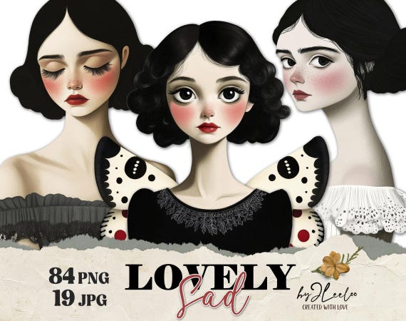 LOVELY SAD clipart 84 PNG cute naive | Digital paper doll lady wings faces | Whimsical wings Journaling Stickers Commercial Use | cl175