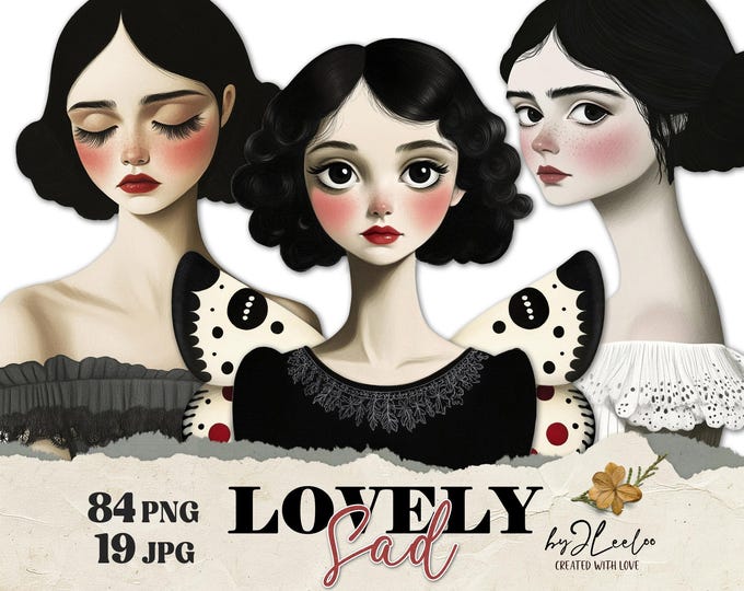 LOVELY SAD clipart 84 PNG cute naive | Digital paper doll lady wings faces | Whimsical wings Journaling Stickers Commercial Use | cl175