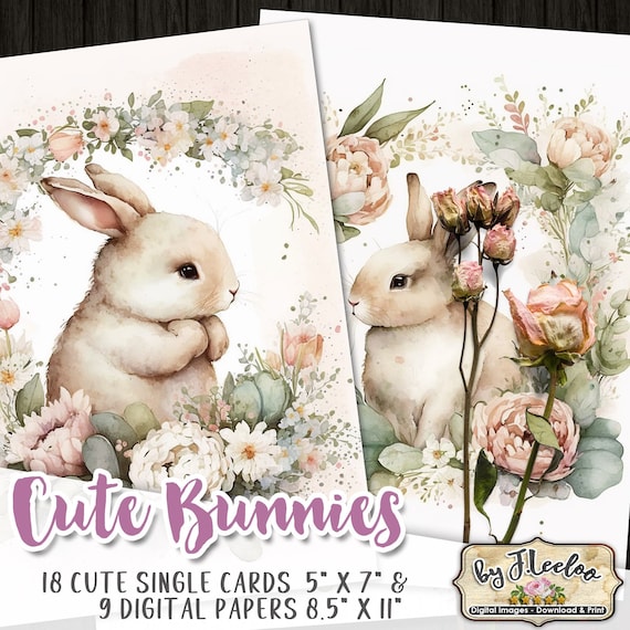 CUTE BUNNIES 18 Cards 5x7  | Bunnies With Flower Wreaths floral Easter bunnies for Planner and Journals Romantic rabbit | CU pp587