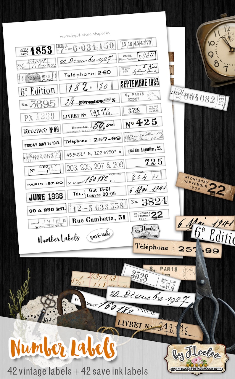 NUMBER LABELS Printable Vintage Ephemera Junk Journal Instant Download ...
