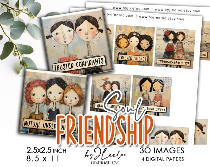SOUL FRIENDSHIP 2.5x2.5 inch printable | Supplies folk art pendant, charm images, gift for girlfriend, charm for friend, altered art | qu583