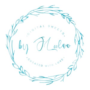 K&ouml;nnte beinhalten: Ein blauer Aquarellkranz mit dem Text "Digital Sheets by J. Meeloo. Created with Love."