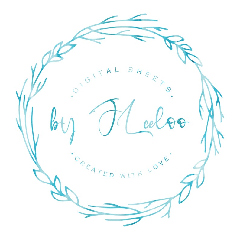 K&ouml;nnte beinhalten: Ein blauer Aquarellkranz mit dem Text "Digital Sheets by J. Meeloo. Created with Love."