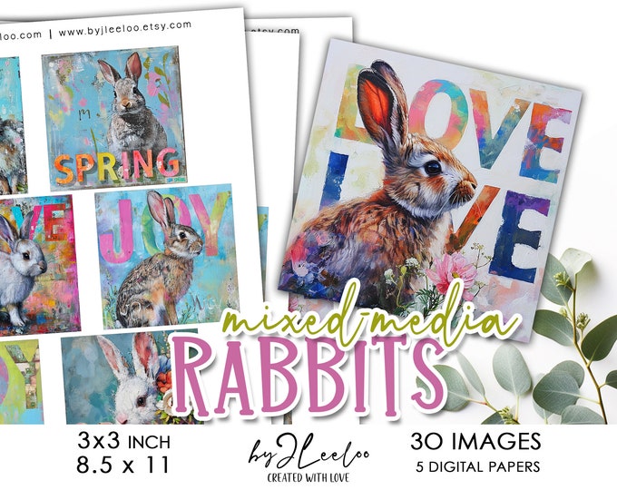 MIXED-MEDIA RABBITS 3x3 inch printable | Easter stickers supplies square pendants, decoupage, home decoration, tag Bunnies painting | qu578