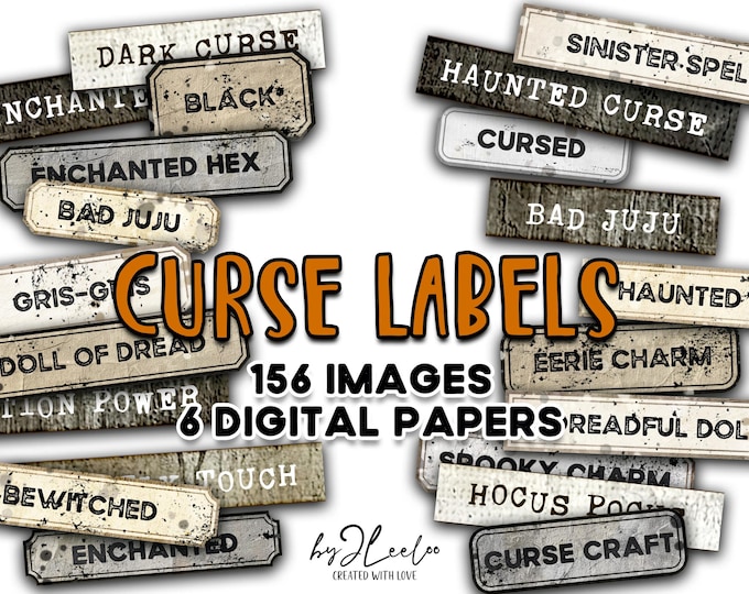 CURSE LABELS printable Scary Halloween | Word Labels Voodoo Spooky Junk journal Sticker Gothic | Digital Collection scrapbooking CU | tl299
