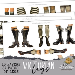 Pernas vitorianas, itens efêmeros recortados para impressão | Boneca de papel, suprimentos caprichosos, diário de sucata com técnicas mistas | Colagem de elementos para bonecas em pacote | cl163