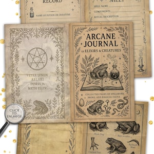 May include: A collection of vintage-style printable papers with a magical theme. The papers include spell sheets, a magical effects record, and an arcane journal. The pages feature illustrations of frogs, potions, and botanical elements. The set includes 39 sheets, 8.5 x 11 inches, and 26 letter sizes.