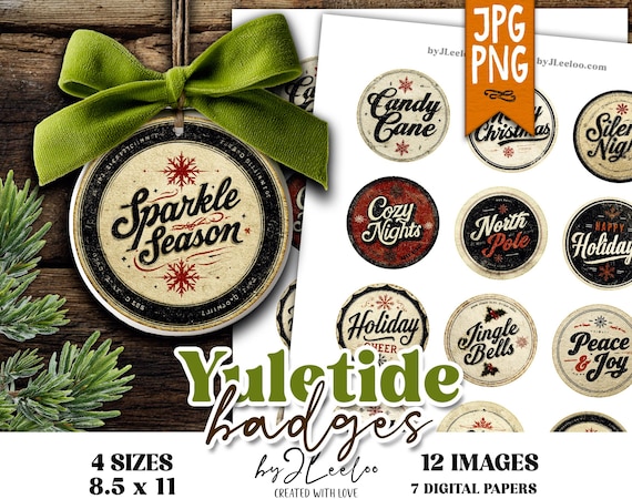 YULETIDE BADGES – Vintage Christmas Round Images for Junk Journals, Scrapbooking, Stickers, Jewelry & DIY Crafts – tn851