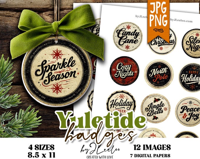 YULETIDE BADGES – Vintage Christmas Round Images for Junk Journals, Scrapbooking, Stickers, Jewelry & DIY Crafts – tn851
