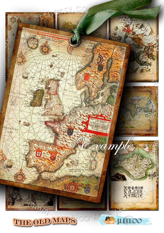 THE OLD MAPS atc aceo size digital collage sheet old book travel diary script jewelry holder paper goods postcard scrapbook ac221