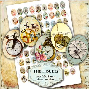 Digital collage THE HOURES printable 18x25 mm oval size clock hour vintage steampunk for oval pendant instant download steampunk ov108