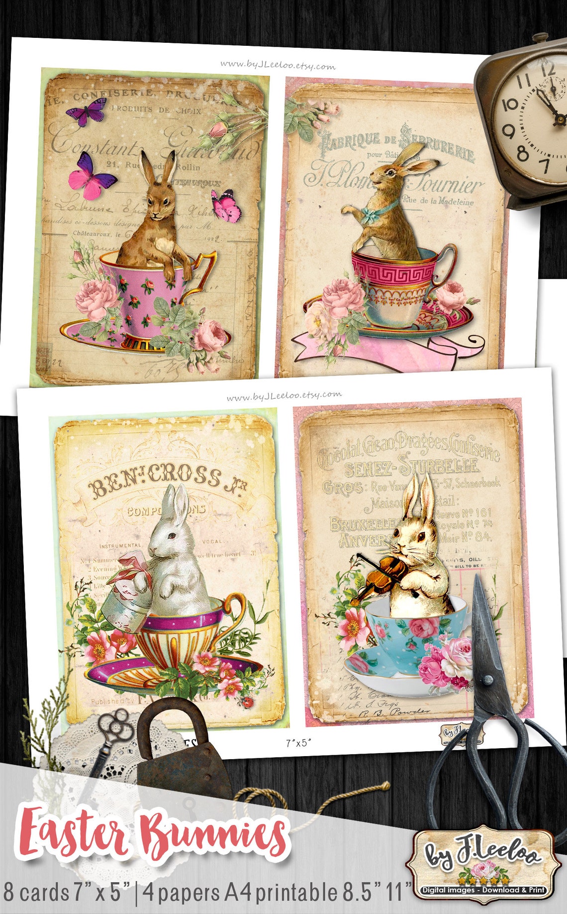 EASTER BUNNIES Printable Rabbit Postcards 5x7 Inch Digital Sheet ...