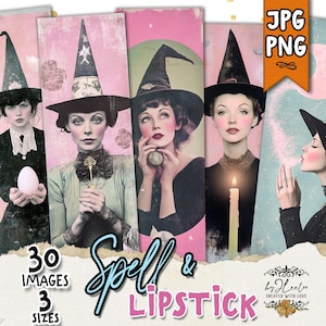 Puede incluir: Una colección de impresiones artísticas digitales con retratos de estilo vintage de mujeres con sombreros de bruja. Las imágenes tienen una combinación de colores rosa y turquesa, con el texto "Spell & Lipstick" y "30 Images 3 Sizes". Formatos JPG y PNG.