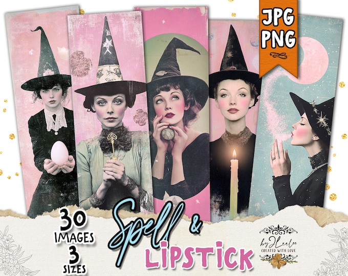 SPELLS and LIPSTICK Printable Witch Bookmarks 3 Sizes | Retro Halloween Witches Pink Gothic Ephemera for Junk Journal & Scrapbooking | bm133