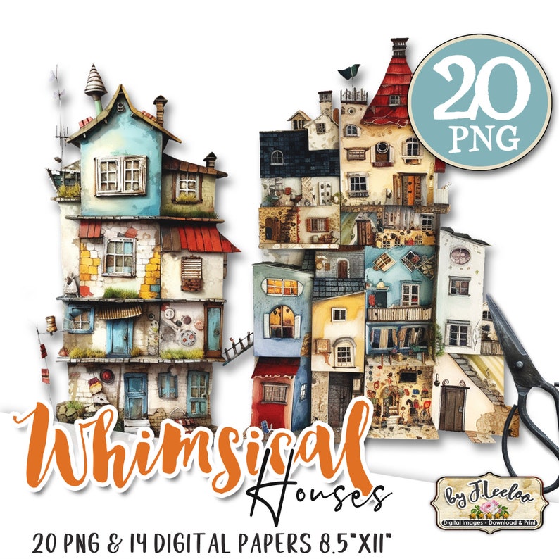 WHIMSICAL HOUSES PNG Clipart Papier Bastelbedarf junk journal elements vintage skurrile Mixed Media Printable kommerzielle Nutzung cl147 Bild 5