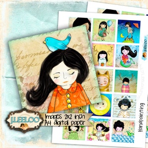 Collage digitale quadrato HANDPAINT 2 x 2 pollici quadrato bambola disegnata a mano per cartellini pendenti clipart magnete download immediato stampabile qu418