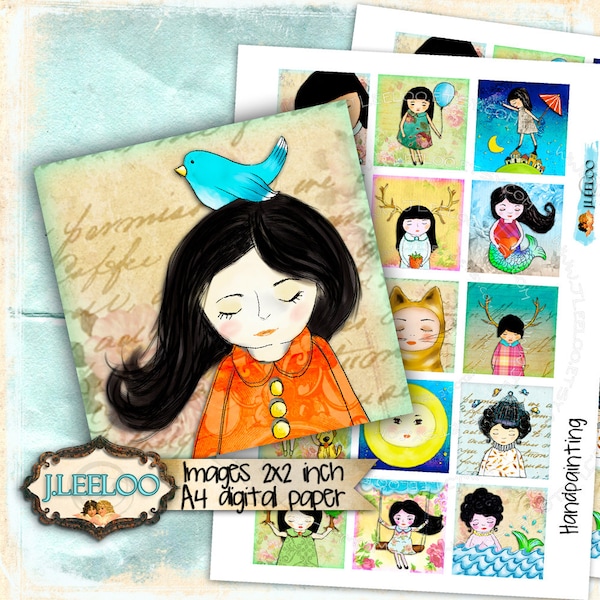 Digital collage square HANDPAINT 2x2 inch square doll hand drawn for hang tags pendant clipart magnet instant download printable qu418