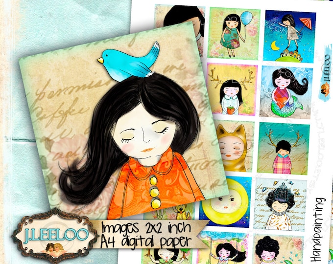 Digital collage square HANDPAINT 2x2 inch square doll hand drawn for hang tags pendant clipart magnet instant download printable qu418