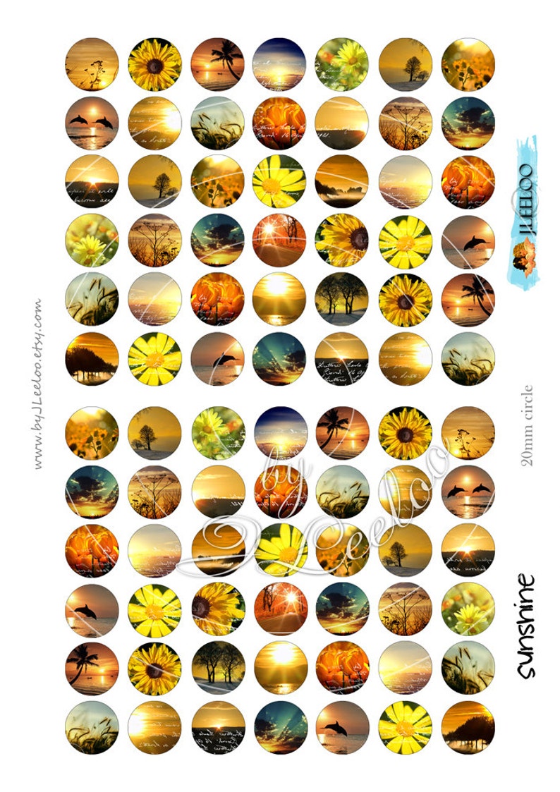 May include: A set of 36 round, 20 mm diameter, printable stickers featuring a variety of images with a summer theme. The images include sunsets, sunflowers, palm trees, dolphins, and seashells. The stickers are perfect for adding a touch of summer to your crafts, gifts, and home decor.