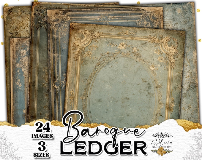 the BAROQUE LEDGER – Vintage Ornamental Frames, Aged Blue Paper, Antique Printable Ephemera for Junk Journal & Scrapbook – ppK13