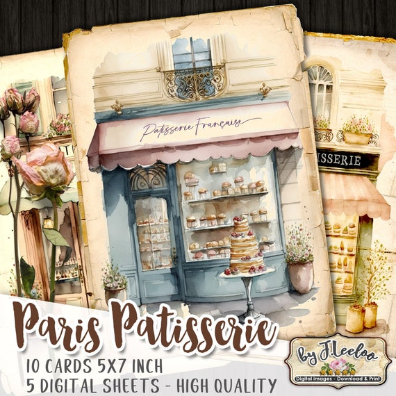 PARISIENNE PATISSERIE Cards 5x7 | Junk Journals Planner Diary | Watercolors Romantic Paris France | Supplies Scrapbooking Ephemera | pp592