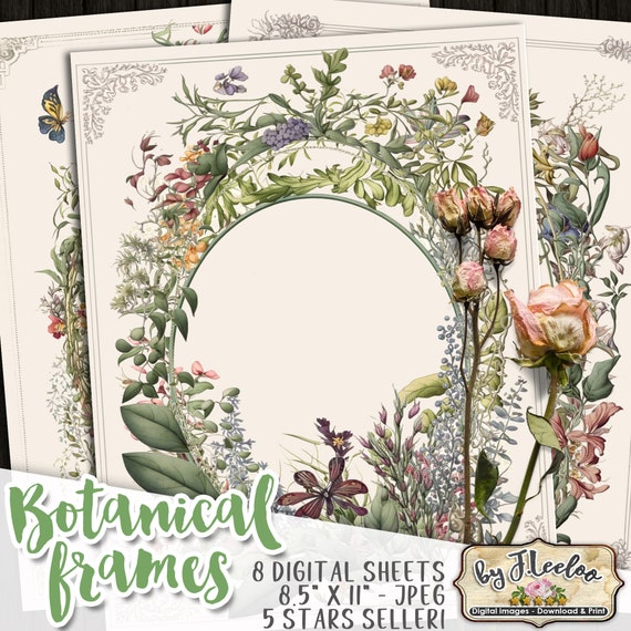 BOTANICAL FRAMES Digital Vintage Ephemera | floral backgrounds for Junk Journals | Grunge Floral Ephemera | Digital Floral Papers pp585