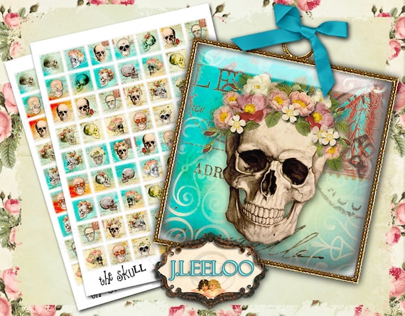 Digital printable THE SKULL 1x1 inch square for goth scary dia de los muertos pendant craft instant download Digital collage sheet qu360