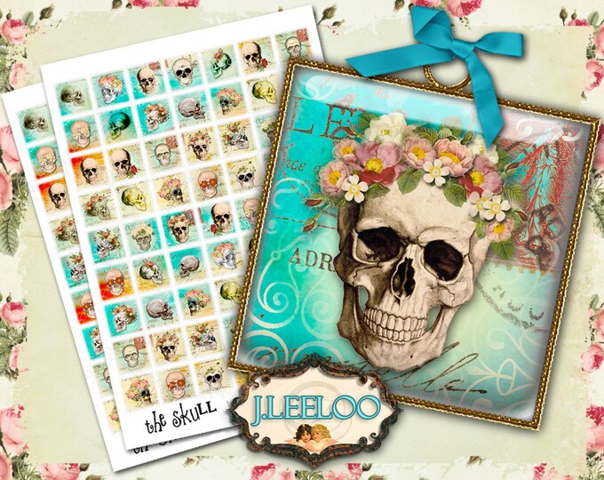 Digital printable THE SKULL 1x1 inch square for goth scary dia de los muertos pendant craft instant download Digital collage sheet qu360