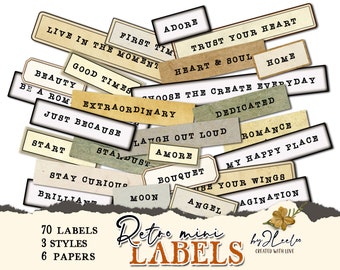 RETRO MINI LABELS printable positive words vintage ephemera | Supplies junk journal diary instant download images digital collage | tl277