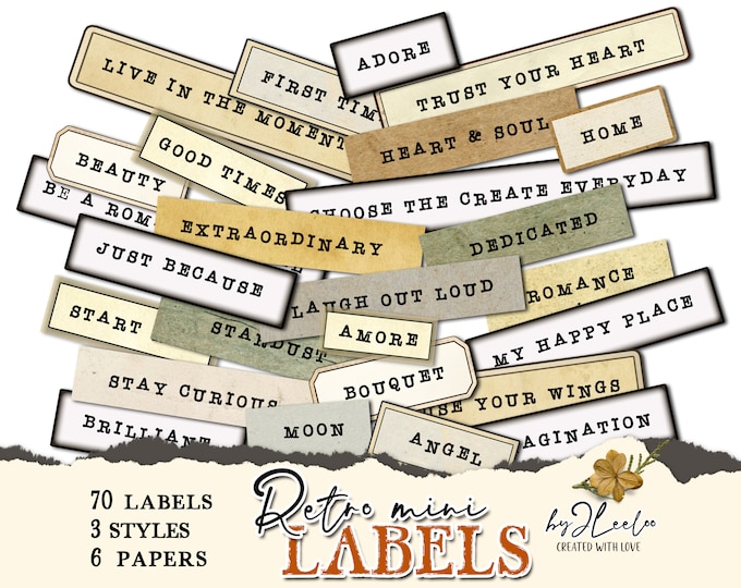 RETRO MINI LABELS printable positive words vintage ephemera | Supplies junk journal diary instant download images digital collage | tl277