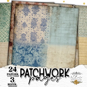 Könnte beinhalten: Eine Sammlung von 24 Patchwork-Seiten in 3 Größen mit Vintage-Designs. Die Seiten zeigen verschiedene Muster, darunter Blumenmuster und liniertes Papier, in Blau-, Grün- und Beigetönen. Der Text "24 PAPERS 3 SIZES PATCHWORK pages" ist sichtbar.