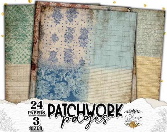 PATCHWORK PAGES – Vintage Patchwork Journal | Damask Ledger Paper Pack | Distressed Junk Journal Backgrounds Printable | ppK52