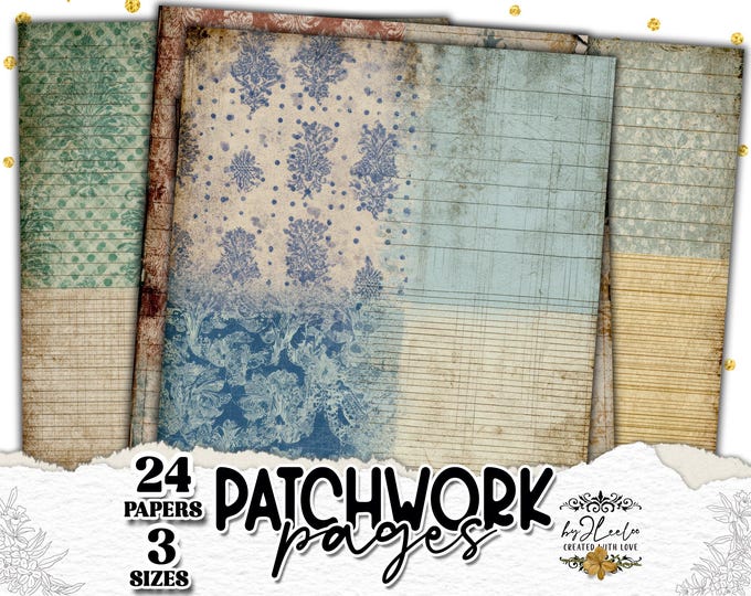 PATCHWORK PAGES – Vintage Patchwork Journal | Damask Ledger Paper Pack | Distressed Junk Journal Backgrounds Printable | ppK52