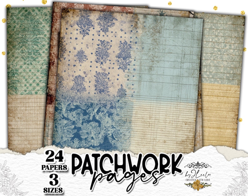 May include: A collection of 24 patchwork pages in 3 sizes, featuring vintage-style designs. The pages display various patterns, including floral and lined paper, in shades of blue, green, and beige. The text "24 PAPERS 3 SIZES PATCHWORK pages" is visible.