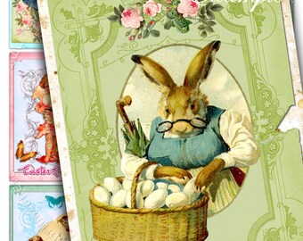 SPRING FESTIVAL Digital collage sheet - printable springtime gift card  - rabbit egg hang tag instant download journaling background - ac211