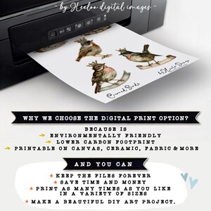 Może przedstawiać: Cyfrowe obrazy do druku przedstawiające cztery koronowane ptaki z banerem z napisem "Crowned Birds" i znakiem wodnym z napisem "by Heeloo Digital Images". Tekst "WHY WE CHOOSE THE DIGITAL PRINT OPTION?" jest wyświetlany na czarnym banerze z ż&oacute;łtym tekstem. Tekst "BECAUSE IS" jest wyświetlany na czarnym banerze z białym tekstem. Tekst "ENVIRONMENTALLY FRIENDLY" jest wyświetlany na czarnym banerze z białym tekstem. Tekst "LOWER CARBON FOOTPRINT" jest wyświetlany na czarnym banerze z białym tekstem. Tekst "PRINTABLE ON CANVAS, CERAMIC, FABRIC & MORE" jest wyświetlany na czarnym banerze z białym tekstem. Tekst "AND YOU CAN" jest wyświetlany na czarnym banerze z białym tekstem. Tekst "KEEP THE FILES FOREVER" jest wyświetlany na czarnym banerze z białym tekstem. Tekst "SAVE TIME AND MONEY" jest wyświetlany na czarnym banerze z białym tekstem. Tekst "PRINT AS MANY TIMES AS YOU LIKE" jest wyświetlany na czarnym banerze z białym tekstem. Tekst "IN A VARIETY OF SIZES" jest wyświetlany na czarnym banerze z białym tekstem. Tekst "MAKE A BEAUTIFUL DIY ART PROJECT." jest wyświetlany na czarnym banerze z białym tekstem.
