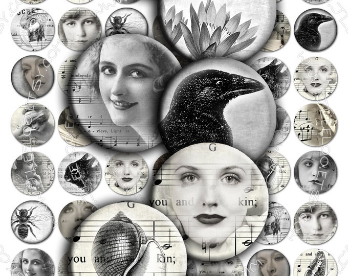 Digital collage EYES in THE FOG 1 inch circle black white woman romantic for pendant clipart magnet instant download printable tn187