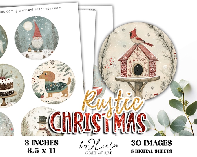 RUSTIC CHRISTMAS 3 inch printable illustration | for Pendant Decor, Labels Stickers, Winter Folk scrapbooking for Journal digital | tn840