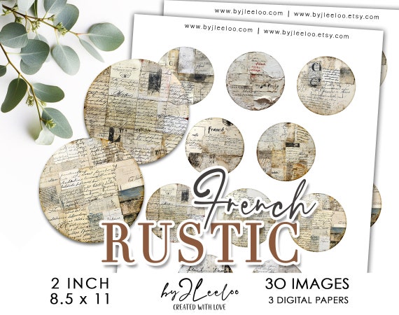 FRENCH RUSTIC 2 inch printable ephemera collage | Vintage background circle pendant pin magnet charm mirror journaling scrapbooking | tn742