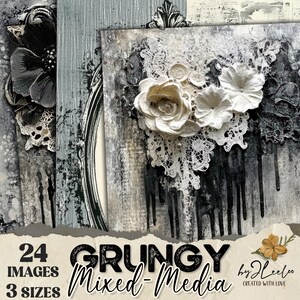 May include: A digital collage of 24 grunge mixed media images in 3 sizes. The images feature black and white textures, lace, and flowers. The text "Grungy Mixed-Media by JLeeLoo Created with Love" is at the bottom of the image.