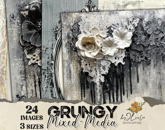 GRUNGY MIXED-MEDIA 3 Sizes | Ivory Black backdrops | Vintage background Gothic Lace | Paint drip art Junk Journal Commercial Use | pp859