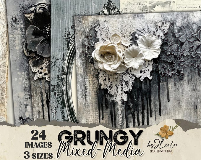 GRUNGY MIXED-MEDIA 3 Sizes | Ivory Black backdrops | Vintage background Gothic Lace | Paint drip art Junk Journal Commercial Use | pp859