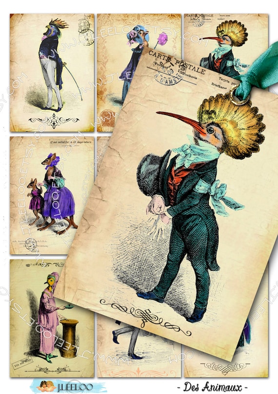DES ANIMAUX printable greeting gift background  Digital collage sheet anthropomorphic animal hand drawing recolored ac241